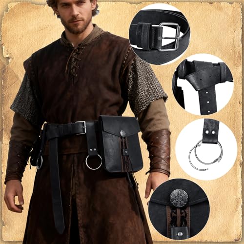 Image of Renaissance Pirate Belt Pouch with Coin Purse Skirt Hike Set | Medieval Viking Pirate Belt Pouch for Halloween Cosplay Ren Faire Accessories,Black.