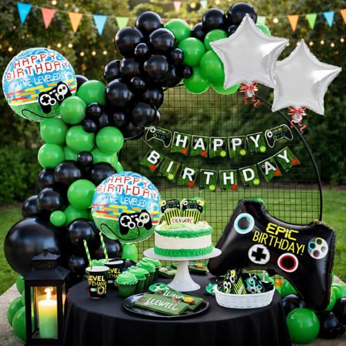 Image of Rozi Decoration Gaming Birthday Party Decorations, 46 Pieces, Black and Green Balloons, Happy Birthday Banner, Game Controller Foil Balloons, Video Game Theme