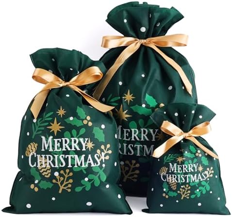 Yatinbos Green Drawstring Christmas Gift Bags Assortment of 6 - Eco-Friendly Fabric Wrapping Gifts Bags, Reusable