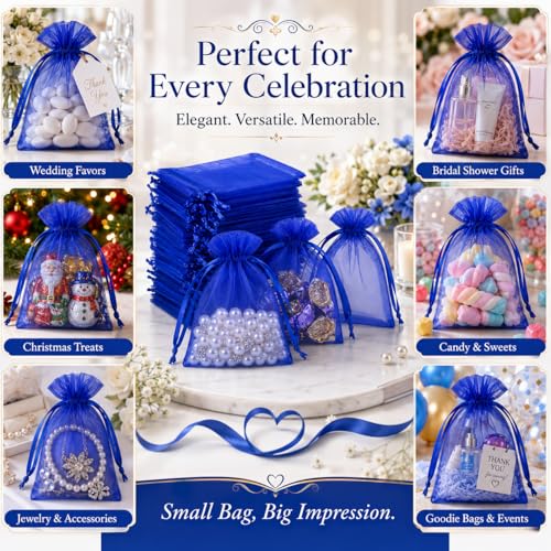 Image of Hopttreely 50pcs Royal Blue Organza Bags, 4x4.72 inch Mesh Bags Drawstring Gift Bags Jewelry Pouches for Candy Wedding Favors Christmas, Bridal Showers, Candy, Jewelry & Goodie Bags