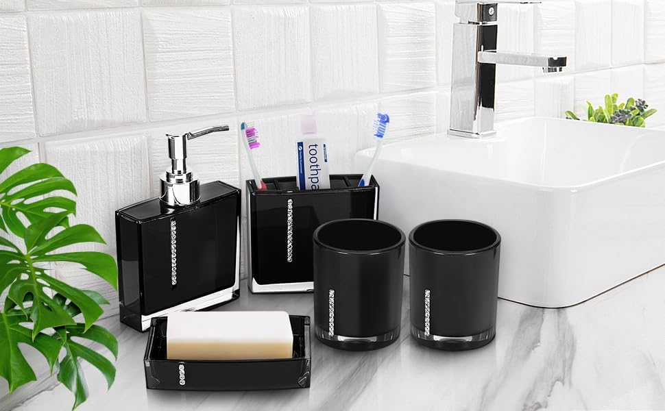 Miniatura 3 de Juego de accesorios de baño, juego completo de 5 piezas de decoración de baño, incluye botella de emulsión, soporte para cepillo de dientes, 2 tazas