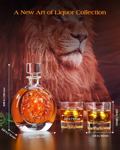 Engraved Lion Whiskey Decanter Set Gift for Men, Including 2 Lion-Engraved Shot Glasses & 2 Whiskey Ice Balls, Unique Christmas Birthday Gifts for Men Dad Husband, Cool Whiskey Set for Husband Brother
