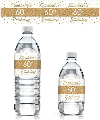 Personalized White and Gold Happy Birthday Party Water Bottle Labels - 24  Stickers