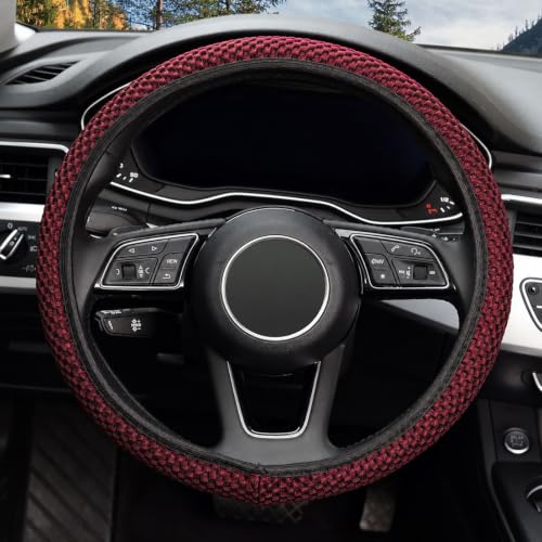 Image of KAFEEK Elastic Stretch Steering Wheel Cover, Universal 15 Inch, Wine Red