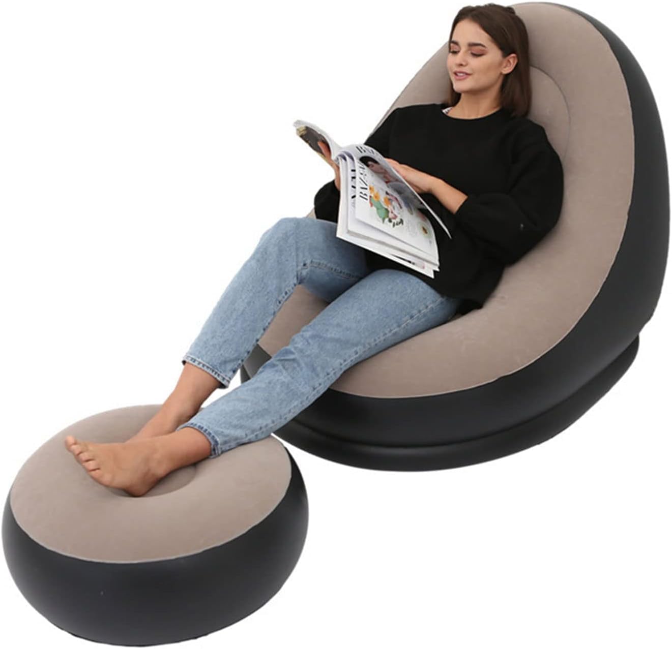 TOKEZO Portable Flocked Inflatable Sofa, Foldable Lazy Boy Sofa Bed with Footstool, PVC Material, Maximum Weight Capacity 100kg, Air Cushion Lounger Brown-image-41