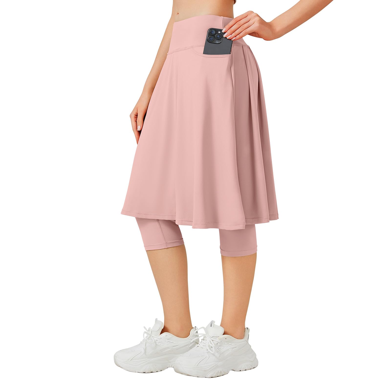 ANIVIVO 24" Long Knee Length Skirted Leggings for Women, Athletic Pleated Skirt with Leggings Workout Skirt Pockets