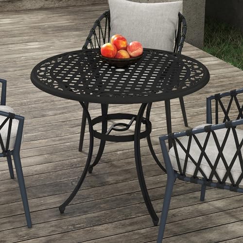 Outsunny Garden Table with Parasol Hole, 90cm Round Outdoor Dining Table for 2-4, Cast Aluminium Bistro Coffee Table for Balcony, Black - Image 2