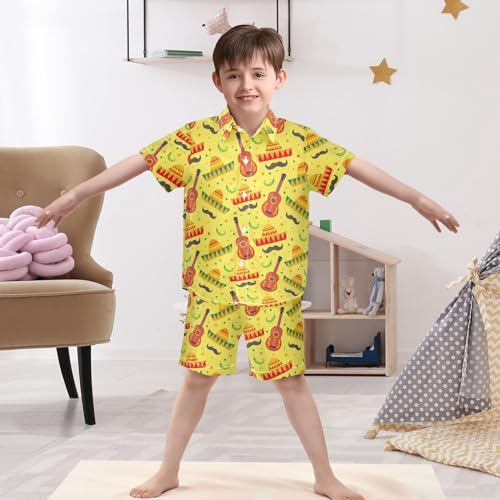 Image of Sunflower Floral Yellow Black Short Sleeve Hawaiian Button Down Shirts and Short Sets for Boys Toddler Summer Outfits