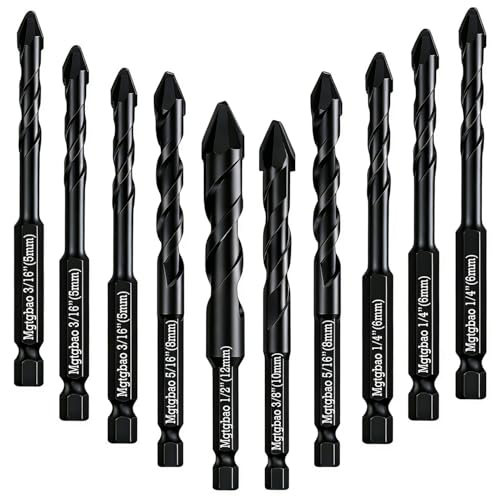 Mgtgbao 10PC Black Upgraded Concrete Drill Bit, Special Crooked Head Eccentric Drill Bit Masonry Drill Bit Set for Plastic Glass Brick Cement Tile Marble Wood (3/16”-1/2”).