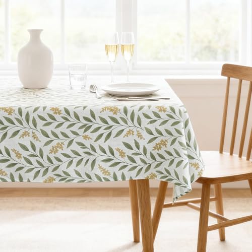 Smarcute Tablecloth Linen Thick Floral Printed Tablecloths Waterproof Table Cloth for Dining Table Kitchen Party Buffet Tables Cover for Indoor Outdoor, 152cm x 213cm, Adela Botanical Motif - Sage