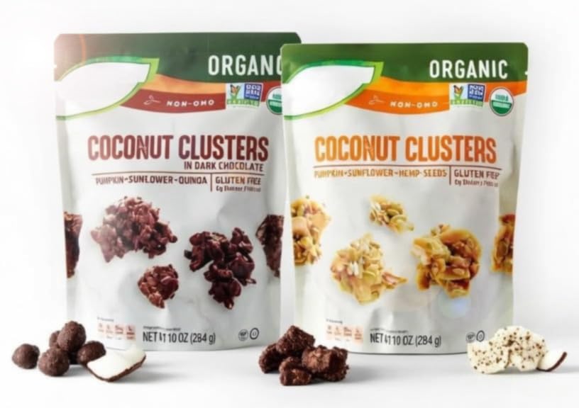 Coconut Clusters, Plain & Dark Chocolate - Pumpkin, Sunflower, Quinoa - Gluten Free - Low Carbs, Organic Keto Friendly Snack Food - 2 Simply Nature Bag, 10 oz Each