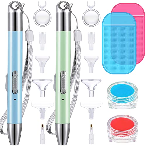 Chuangdi 2 Pieces Diamond Painting Led Drill Pens With Light, 5D Diamond Painting Point Pen With 2 Light Modes, 12 Replacement Pen Heads, 2 Anti-Slip Mats, 2 Wax Organizer Storage Cases (Blue, Green) #TOP22