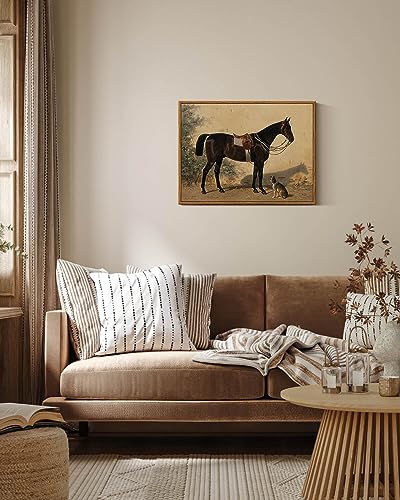 Image of ARPEOTCY Framed Canvas Horse Wall Art, Classical Horse and Dog Art Print for Home Decor, Rustic Farmhouse Country Shelf Wall Decor for Living Room, Bedroom Office, Aesthetic, 12x16 inch