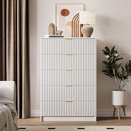 Image of MAISONARIA 5 Drawer Dresser for Bedroom, Tall Dresser Chest of Drawers with Gold Handles, 32 Inch Wide Nightstand with for Bedroom, Living Rooms, Offices, and Entryways, White