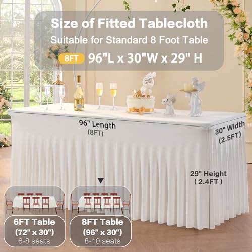 Image of 3 pk Ivory Spandex Table Clothes for 8 Foot Rectangle Tables, Stretch Table Cloths 8 ft Fitted Table Cover Desk Skirt for Parties Weddings Birthday Banquet Baby Shower