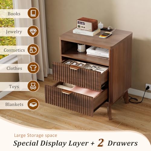 LYNCOHOME Fluted Nightstand with Charging Station, 19.7 inch Wide End Table with 2 Drawers, Modern Wood Bedside Table for Bedroom,Brown,1 Pcs - Image 4