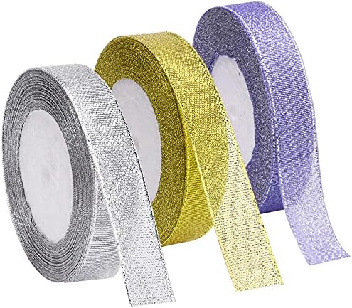 Livder 3 Rolls 75 Yard Metallic Glitter Ribbon for Gift Wrapping Birthday Holiday Wedding Party Decoration (Golden, Silvery, Purple)