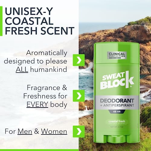 Sweatblock Clinical Strength Deodorant Antiperspirant Stick For Men & Women - 48-Hour High Degree Sweat & Odor Protection - Non-Irritating Smooth Glide - Coastal Fresh Unisex Scent - 2.7Oz (2 Pack) #TOP3