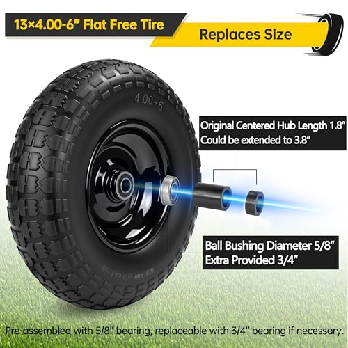 4 Pc, 13" Solid Tires Replacement for Gorilla Cart, 4.00-6 Tire and Wheel Flat Free, 5/8" & 3/4" Bearing, 1.8"-5.8" Centered Hub, Fit for Gorilla Cart, Garden Utility Cart/Wagon/Hand Truck/Wheelbarrow by Kartio - Image 3