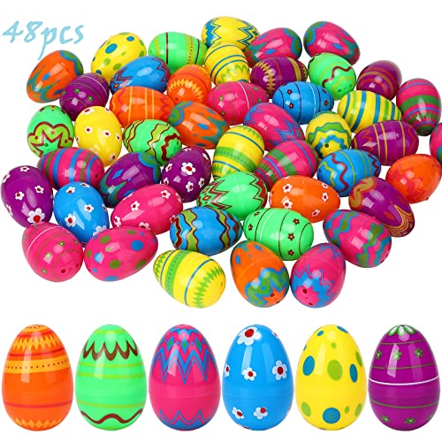 48 Pcs Plastic Printed Bright Easter Eggs, Colorful Plastic Easter Eggs for Easter Hunt, Basket Stuffers Fillers, Classroom Prize Supplies, Filling Treats and Party Favor