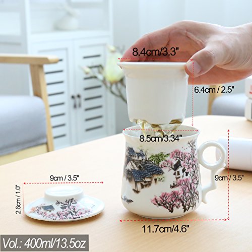 TEANAGOO M01-4 Ceramic Tea-Mug with Filter/Steeper and Lid, 13.7OZ, Red Leaves, Portable Ornament infuser,Infused Tea-Cup, Brewing Filter, Steeper Men Mom, TEANAGOO Maker