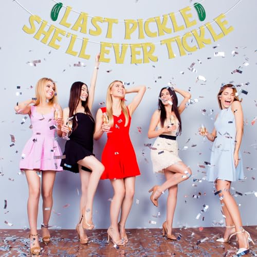 Image of Last Pickle She'll Ever Tickle Banner - She Found Her Match Sign, Funny Pickle Wedding Bridal Shower Bachelorette Party Decorations Gold Glitter