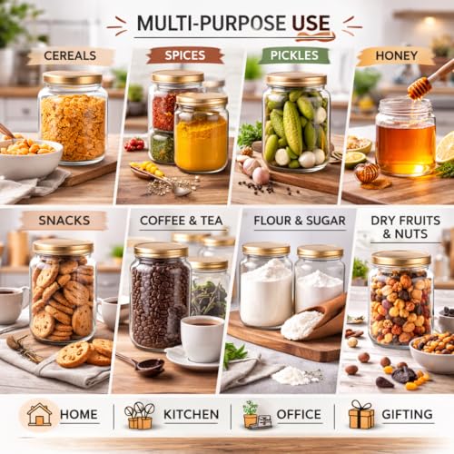 Image of Pure Source India Clear Glass Storage Jar with Airtight Metal Lid - 1L Wide Mouth Kitchen Jar (Set of 8)