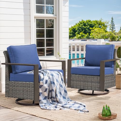HUMMUH Outdoor Swivel Rocker Patio Chairs Set of 2-All Weather Wicker Swivel Rocking Chairs Outdoor Chairs for Deck Porch Poolside Balcony-Grey/Blue