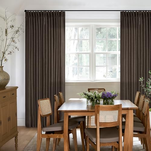Image of TWODRAPES Dark Chocolate Pinch Pleated Linen Curtains 2 Panels for Living Room Bedroom Memory Training Shaped Semi Sheer Pleat Drapes with Hooks Rings Light Filtering Window Curtain 40x102