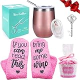 Weinbecher Edelstahl + Wein-Socken Geschenk, 12 oz Doppelwandiges Vakuumisoliert Weingläser mit Deckel und Strohhalmpinsel, Reisekaffeetasse für Wein, Getränke, Champagner, Cocktails (Roségold)