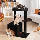 Gothic Cat Tree, Halloween Cat Tower with Scratching Post Condo Bat Platform Cat Ball Coffin Bed for Indoor, Black and Red