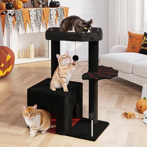 Gothic Cat Tree, Halloween Cat Tower with Scratching Post Condo Bat Platform Cat Ball Coffin Bed for Indoor, Black and Red