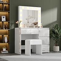 LSLIFE High Gloss Dressing Table with Mirror and Stool, Vanity Makeup Desk with 3 Color LED Lights Adjustable Brightness 4 Drawers Bedroom Dressing Tables Vanity Make Up Table Set for Women Girls