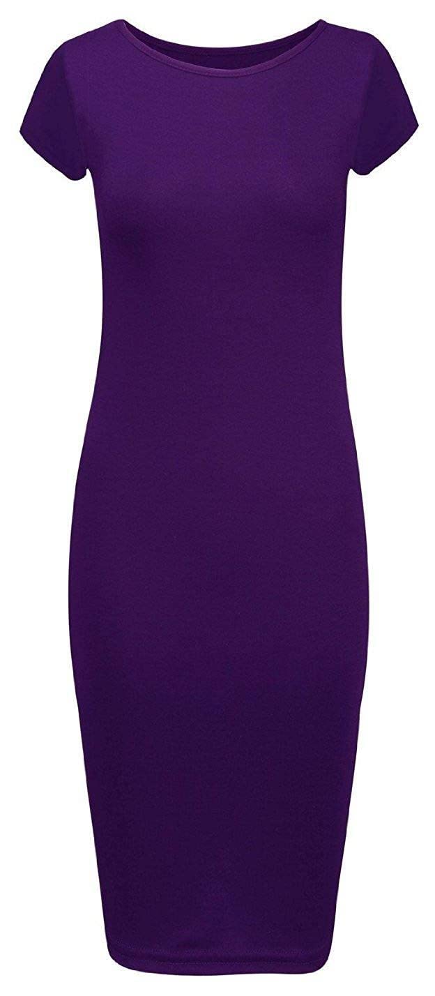 Crazy Girls Womens Cap Sleeve Stretch Bodycon Wiggle Pencil Long Midi Dress 8-22 (S/M-UK8/10, Purple Plain)