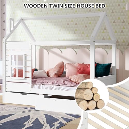 Aoowow-Twin-Size-Kids-House-Bed-with-2-Drawers-Wooden-Platform-Twin-Bed-Frame-with-Window-and-Roof-for-Bedroom-Modern-Twin-Size-Kid-Playhouse-Bed-with-Slats-for-Boys-Girls-Can-be-Decorated-White Aoowow Twin Size Kids House Bed with 2 Drawers Wooden Platform Twin Bed Frame with Window and Roof for Bedroom Modern Twin Size Kid Playhouse Bed with Slats for Boys Girls Can be Decorated White