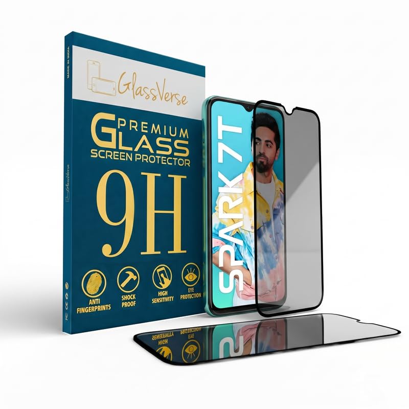 Image of GlassVerse Ultra Privacy Tempered Glass For Tecno Spark 7T (Pack Of 2) with Free Installation Kit. (In-Screen FingerPrint Lock will not work with the Privacy Guard because of it's Spy Coating)- 6.52 inch