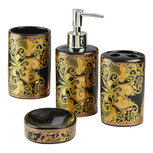 Image of SaSaSa Ceramic Bathroom Accessories Set of 4 Modern Bath Set with Soap Dispenser & Toothbrush Holder, Luxury Home & Gift Idea, Black /Gold (10460)