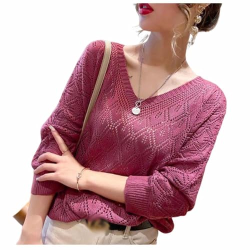透かし編み ニット レディース 春 夏 秋 Vネック 長袖 薄手 サマーニット ドルマンスリーブ 透け レイヤード トップス シアー メッシュ 冷房対策 UVカット ゆったり カジュアル 大きいサイズ 体型カバーのサムネイル
