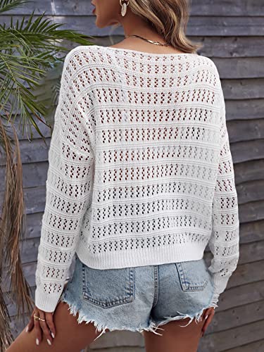 SHENHE Women's Crochet Hollow Out Drop Shoulder Scoop Neck Long Sleeve Sweater Top2