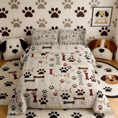 Homewish Dog Paw Print Comforter Set Full Size,Bone Pattern Bedding Set 3pcs for Kids Teens Girls Boys Room Decor,Pet Animal Quilt Set Cartoon Duvet Insert with 2 Pillowcases