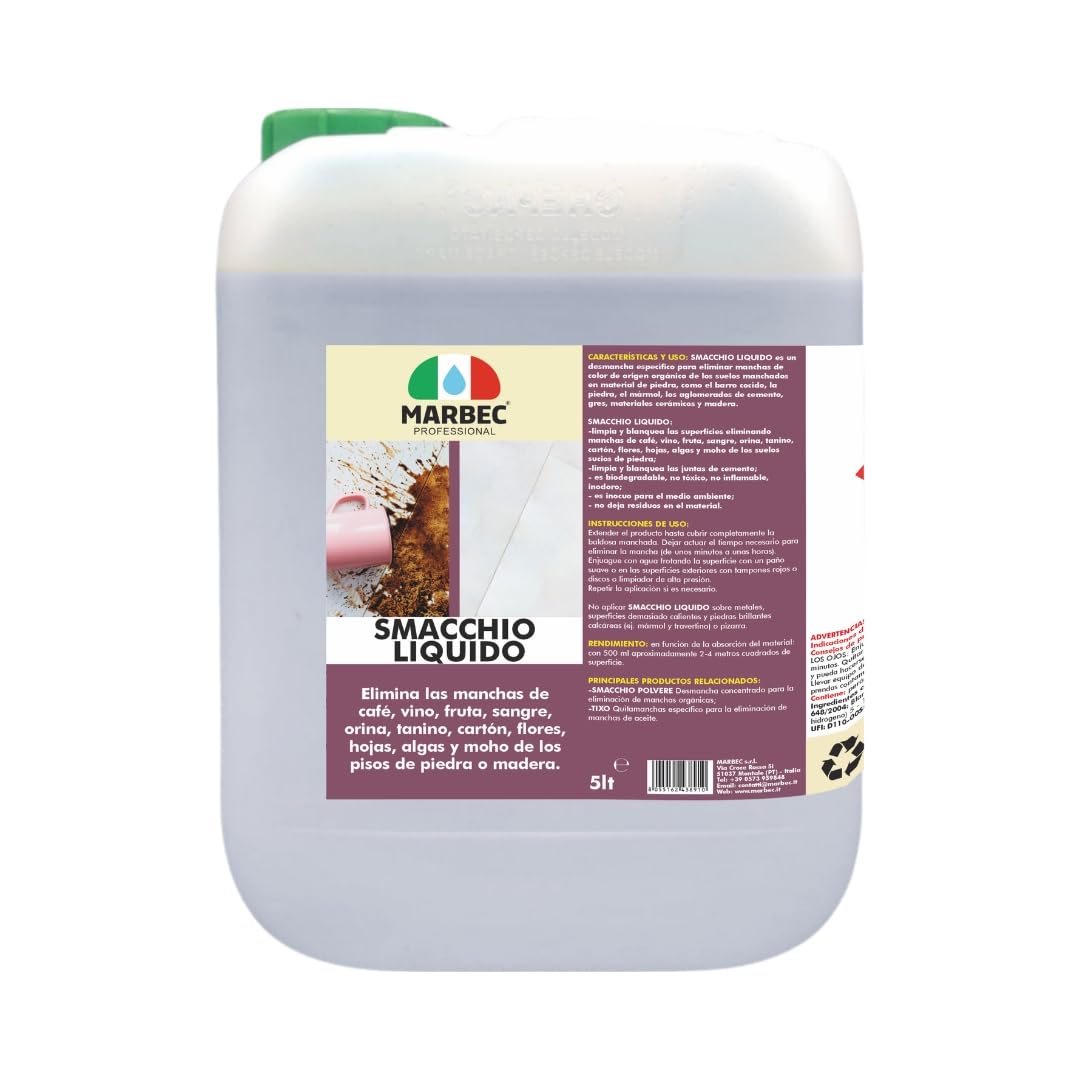 MARBEC SMACCHIO LIQUIDO 5LT Quitamanchas listo para el uso específico para la eliminación de manchas de: café, vino, zumo, sangre, tanino, algas para suelos y revestimientos.
