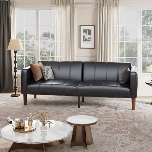Image of GarveeHome Futon Sofa Bed, 75-Inch Modern Faux Leather Convertible Couch, Mid-Century Loveseat for Small Space, Living Room, Bedroom, Black
