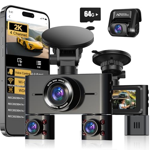 2K 4 Channel Dash Cam Front and Rear Inside, 360° View Car Camera 2K FHD, Dash Camera for Cars...