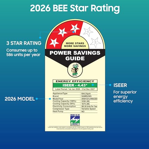 Image of Samsung 1 Ton 3 Star Bespoke AI Inverter Smart Split AC (2026 Model, WiFi, Energy Saving, Voice Control, Powerful Cooling, Copper, Digital Inverter, 4 Way swing, 5 Step Convertible, AR50H12D1LHNNA)
