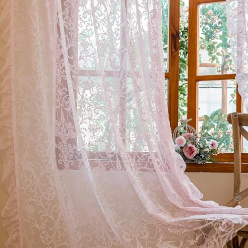 TUDECO Light Pink Sheer Curtains 84 Inches Long - Coquette Romantic Floral and Branch Pink Girl Curtains for Bedroom Set of 2, Shabby Chic Privacy Princess Ruffle CuteCore Room Decor, 59 x 84 Inch