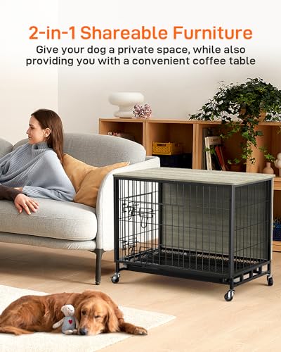 Dog Crate Furniture, 32.5" Double-Doors Dog Kennel Indoor with Removable Tray and Wheels, Wooden Dog Crates for Medium Dogs, Dog Kennel Furniture, Decorative Dog Cage End Table, Rustic Grey - Image 3