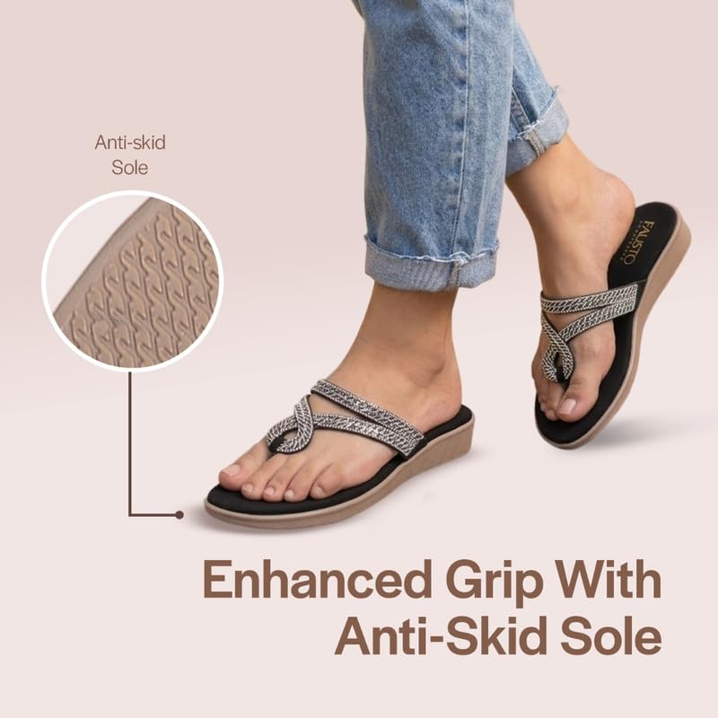 Image of FAUSTO Women T-Strap Slip On Ethnic Sandals with Rhinestone Strap | Wedge Ortho Slip-On Slippers | Perfect for Wedding, Festive Outfits