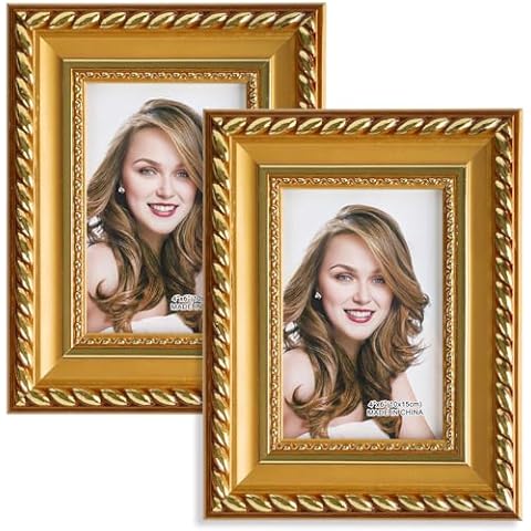 DIYNP 4x6 Gold Frame Set of 2, Solid Wood Picture Frame with Real Glass, Vintage Ornate 6x4 Picture Frames with Twisted Rope-Like Decoration Special Home for Tabletop Wall Hanging Cover