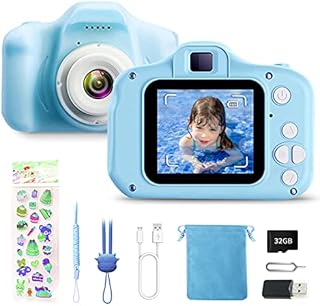 Kids Digital Camera Mini Rechargeable Child camera Kiddie Zoom Camera For Boys Girls Birthday Toy Gifts 3-12 Year Old Kids Video Camera 2 Inch Hd Screen 1080P 32GB Tf Card Children's Camera (Blue)
