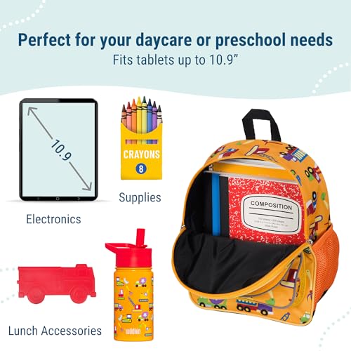 Image of Wildkin 12 Inch Backpack, Includes Insulated, Food-Safe Front Pocket and Side Mesh Water Bottle Pocket, Perfect for Preschool, Daycare, and Day Trips, Olive Kids Design - Under Construction